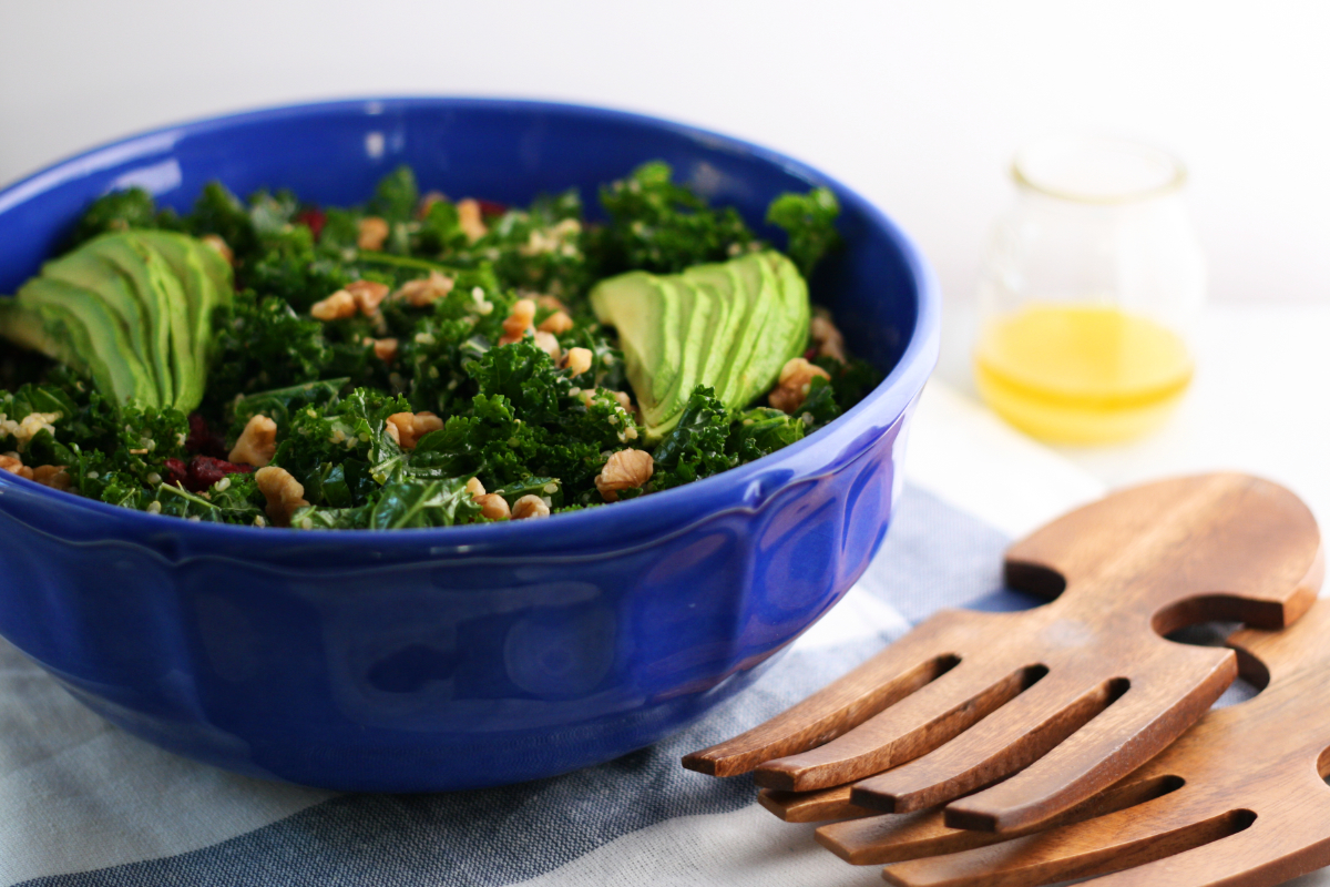 Fall Salad: Kale, Quinoa, Soaked Walnuts, Cranberries, Avocado in Lemon juice and olive oil dressing