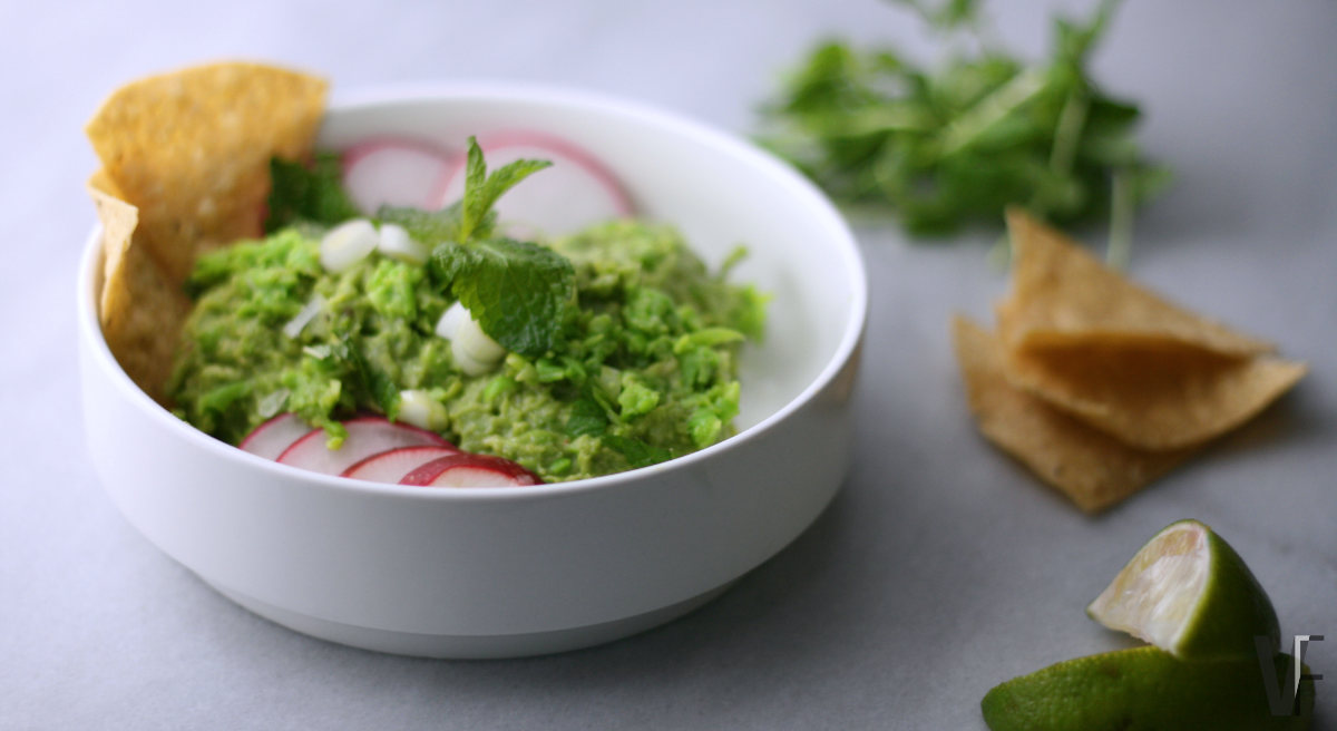 Peas, Avocados, Mint, Pistachios, Sprouted Peas Guacamole